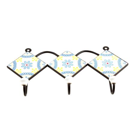 White Turquoise Yellow Floral Tiles Hook